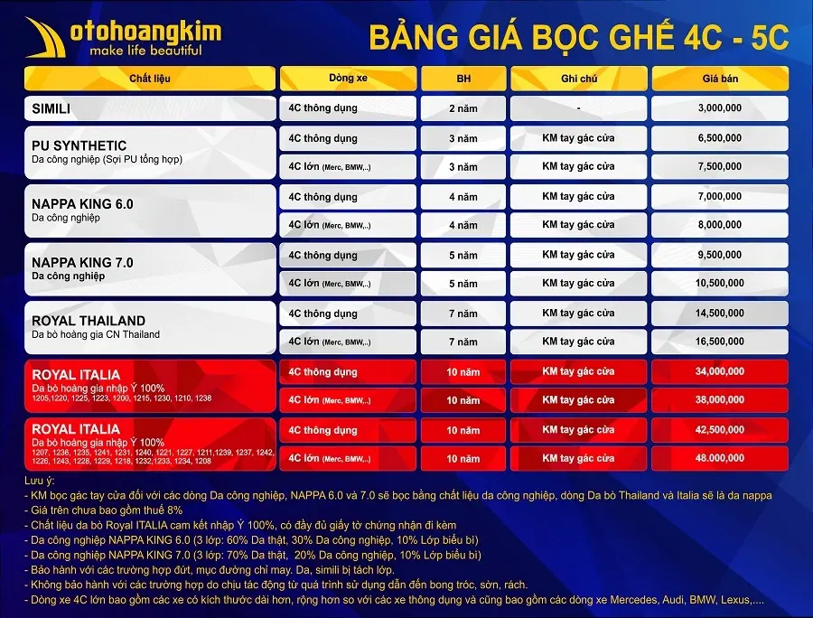 Bọc ghế da xe 4 - 5 chỗ