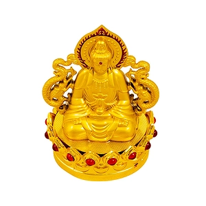 Tượng Phật Vàng Quan Âm Song Long đế vàng đính đá màu đỏ