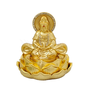 Tượng phật vàng quan âm ngồi hoa sen đính đá tỏa hào quang