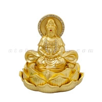 Tượng phật vàng quan âm ngồi hoa sen đính đá tỏa hào quang