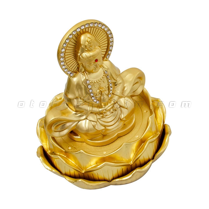 Tượng phật vàng quan âm ngồi hoa sen đính đá tỏa hào quang