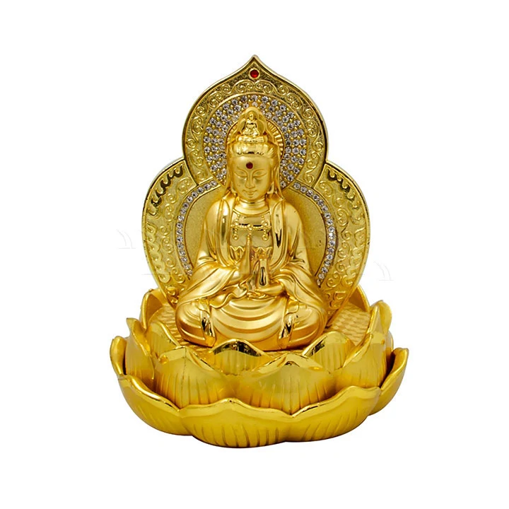 Tượng phật vàng quan âm ngồi hoa sen đính đá - Ảnh 1