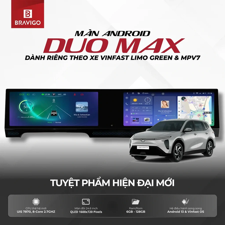 Màn hình Android Bravigo Duo Max cho VinFast Limo Green/MPV7 - Ảnh 1